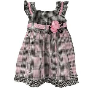 Rare Too Baby Girl Dress 18M Pink Brown Seersucker Gingham Plaid Ruffle Rose